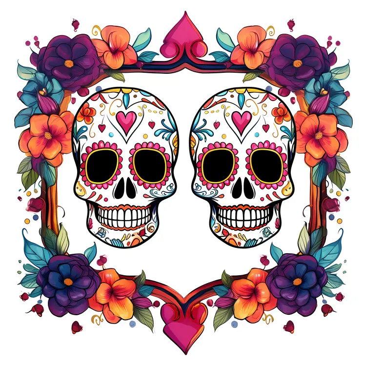 Twin Skulls with Floral Decorations