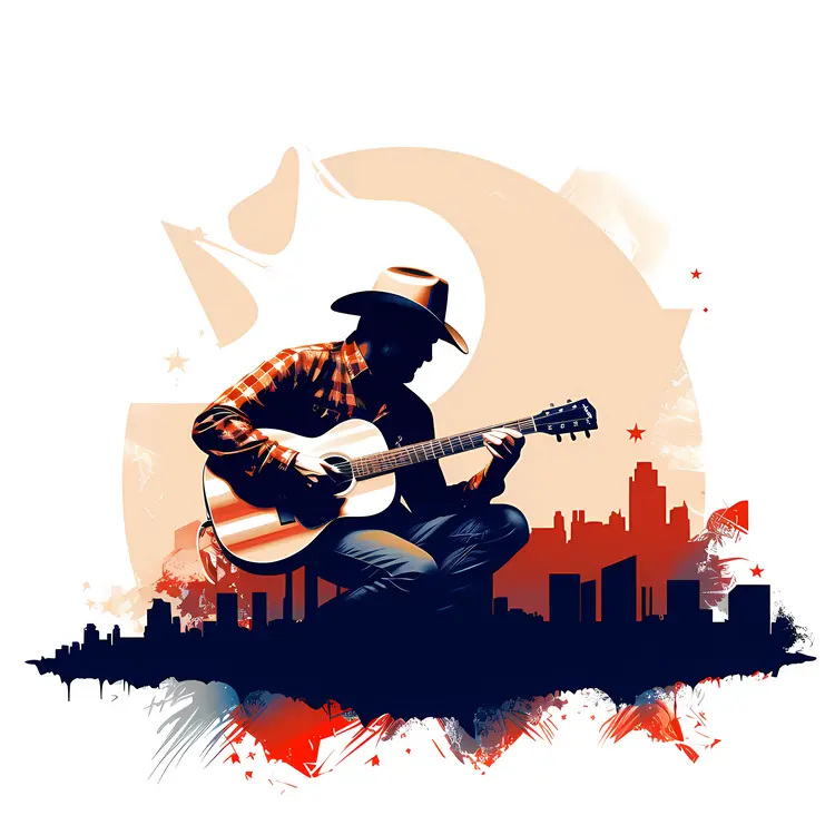Silhouette of Guitar Player with Cityscape