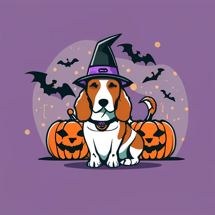 Dog in Witch Costume with Pumpkins and Ghosts