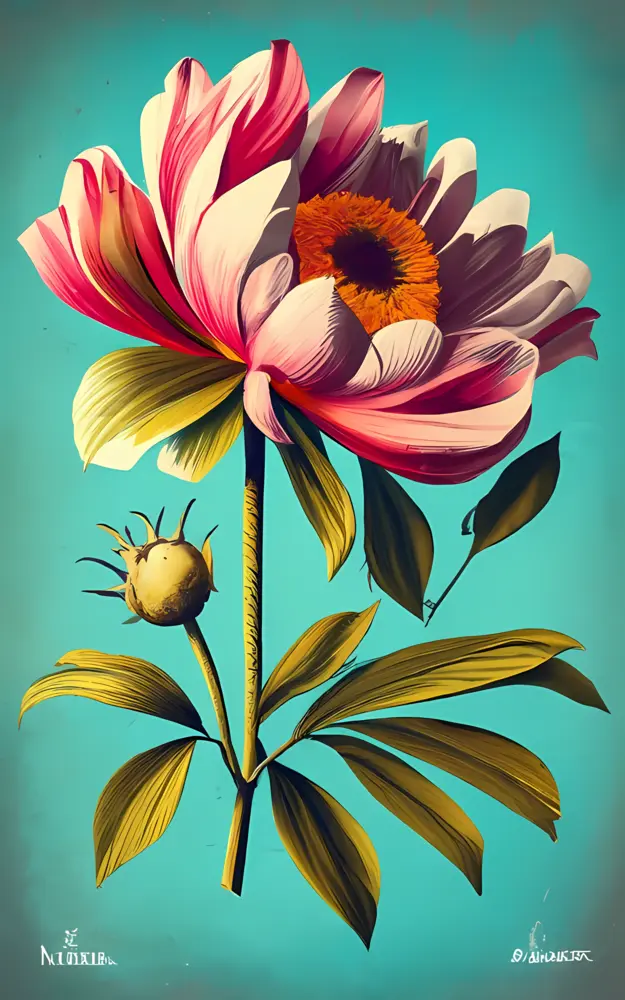 Pink Flower with Leaves and Bud
