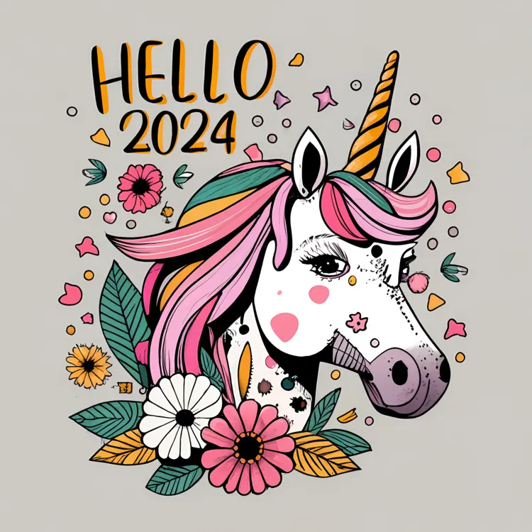 Colorful Unicorn Hello 2024