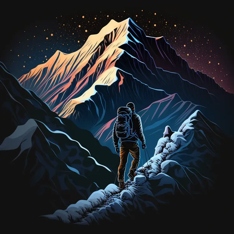 Hiker Climbing Snowy Mountain at Night