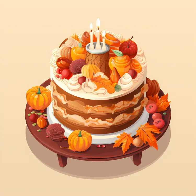 Autumn-themed Cake with Pumpkins and Leaves