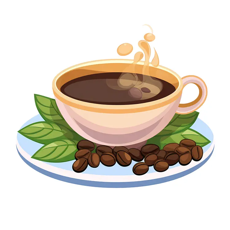 Steaming Coffee Cup with Beans and Leaves