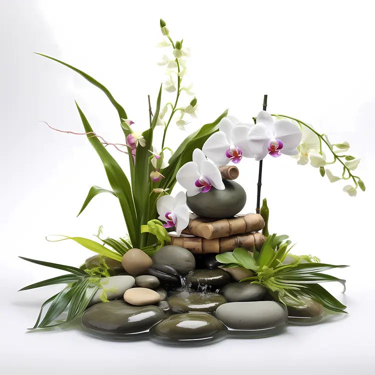 White Orchids on Zen Garden Fountain