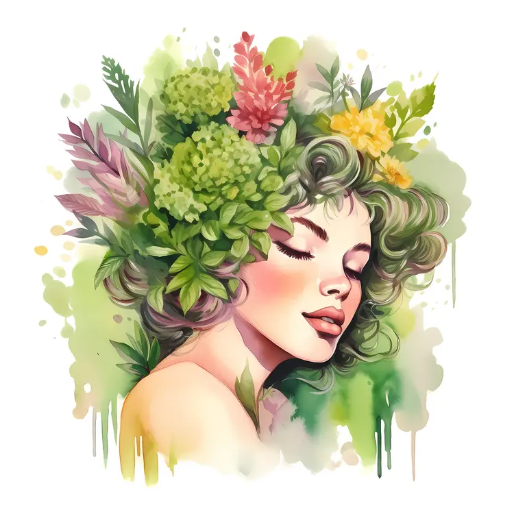 Serene Woman with Floral Hair in Watercolor Style