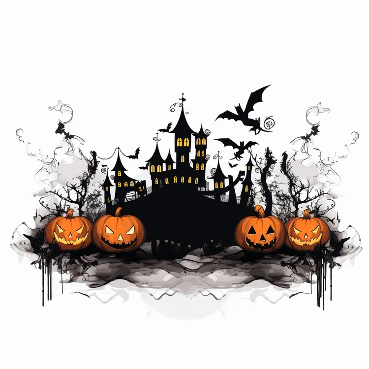 Haunted House with Pumpkins and Bats