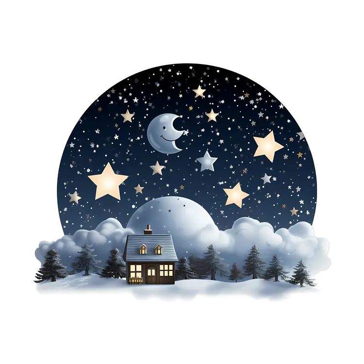 Cute House in Starry Winter Night