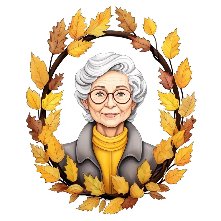 Elderly Woman Portrait with Autumn Leaves Wreath