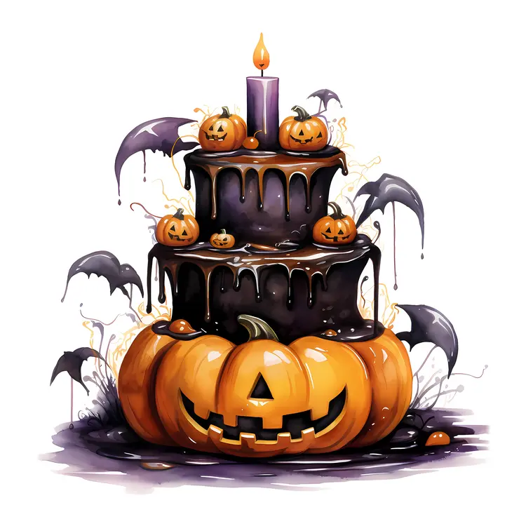 Spooky Halloween Cake with Pumpkins and Candle