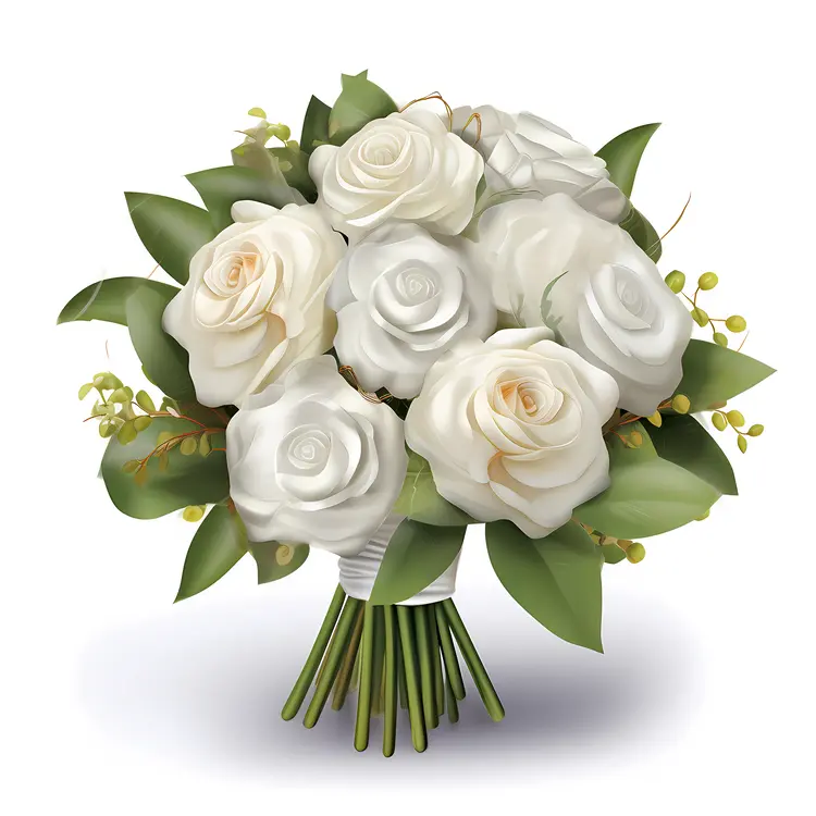 Elegant White Rose Bouquet with Green Leaves
