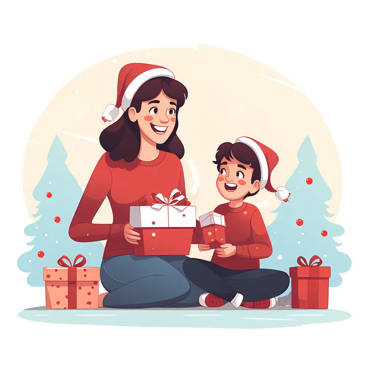 Mother and Child Exchanging Christmas Gift