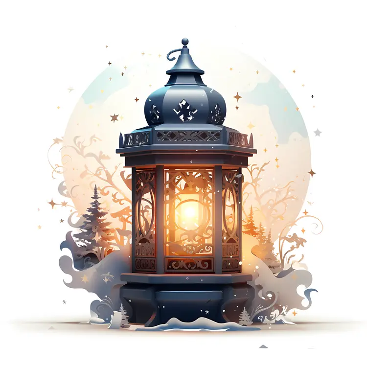 Black Lantern with Candle and Winter Decorations