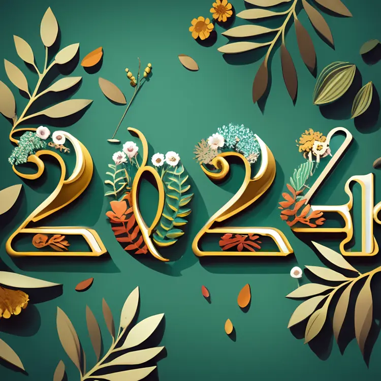 Golden 2024 with Floral Leaf Decorations