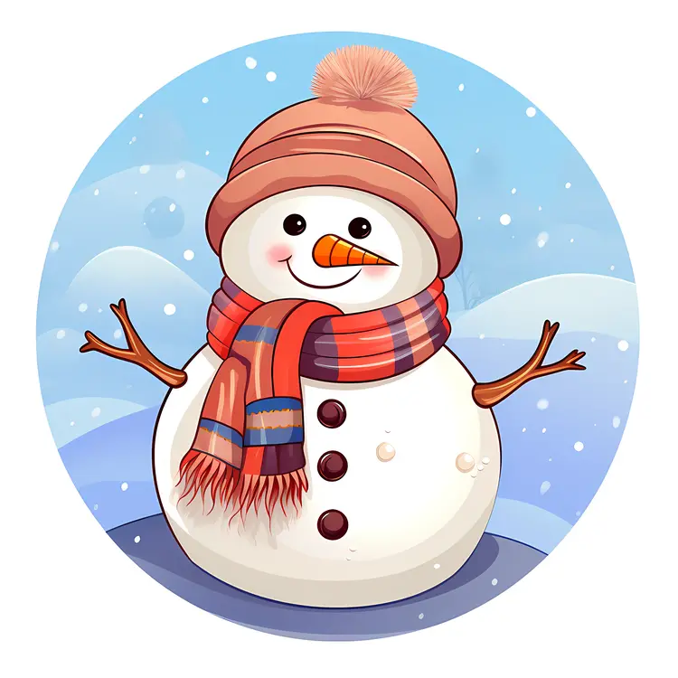 Cute Snowman with Scarf and Hat in Winter