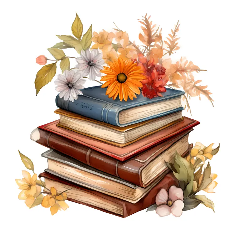 Stack of Books with Colorful Flowers