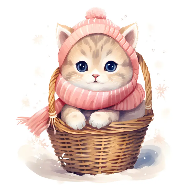 Cute Kitten in Pink Hat and Scarf in Basket