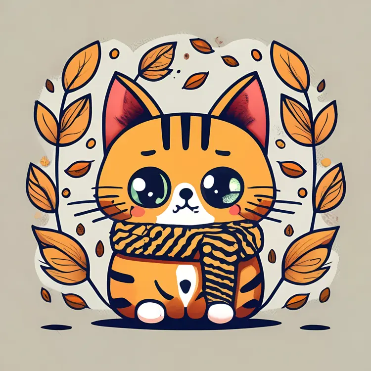 Cute Cat with Scarf and Leaves