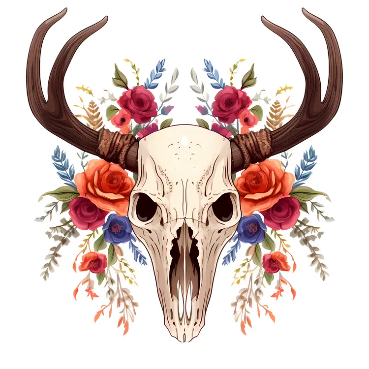 Skull with Colorful Flowers and Antlers