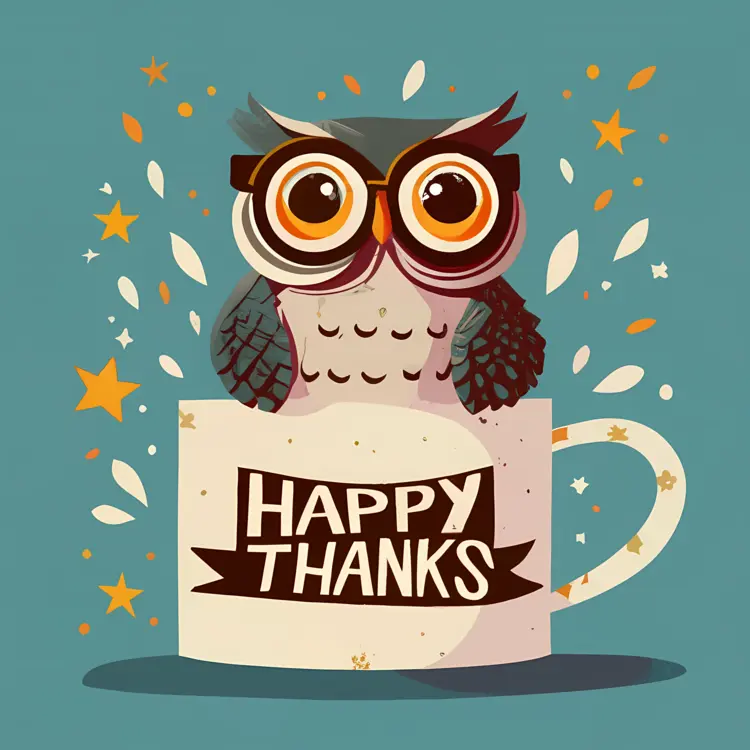 Cute Owl with Glasses and Coffee Cup Saying Happy Thanks