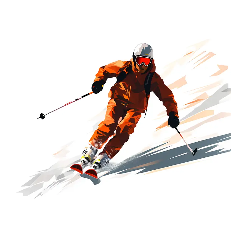 Skier in Orange Suit Racing Downhill