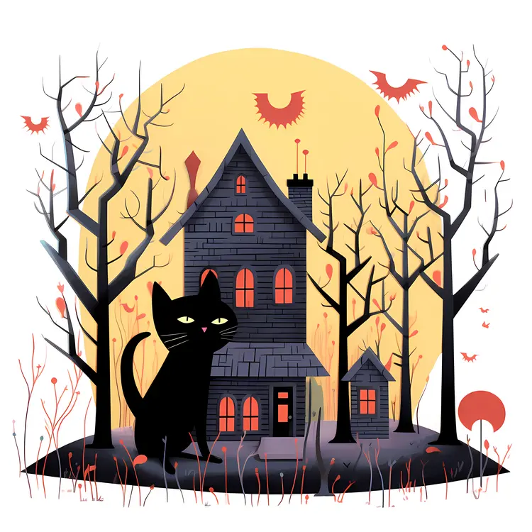 Black Cat in Front of Haunted House