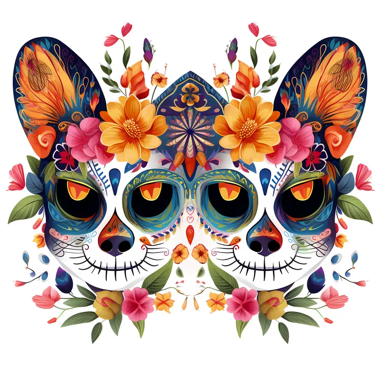 Colorful Sugar Skull Cat for Day of the Dead Celebration