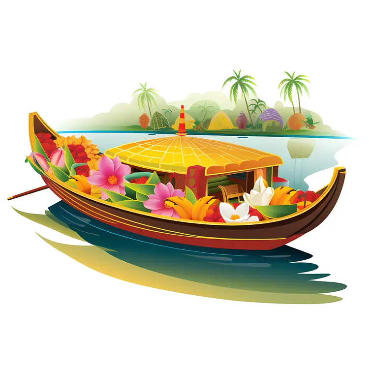 Flower-Decorated Boat on a Scenic River