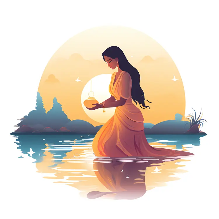 Tranquil Woman with Pot at Sunset