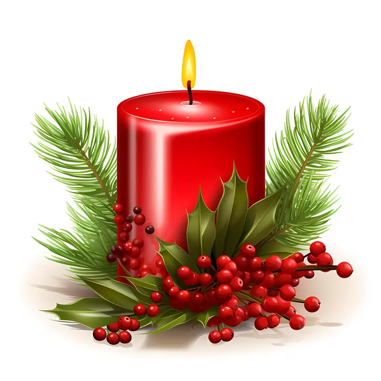 Red Christmas Candle with Pine and Berries