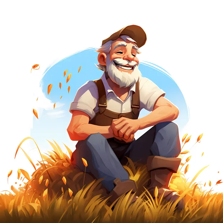 Cartoon Farmer Sitting on Hay