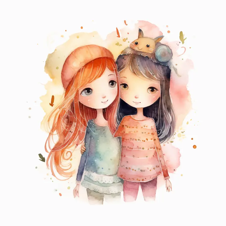 Cute Watercolor Illustration of Two Girls