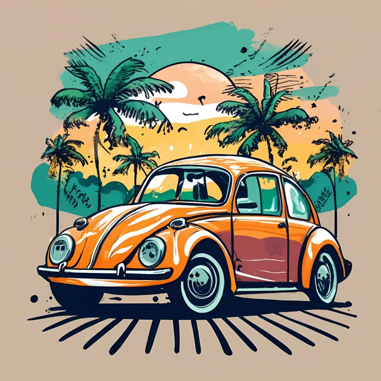 Orange Car with Palm Trees and Sunset