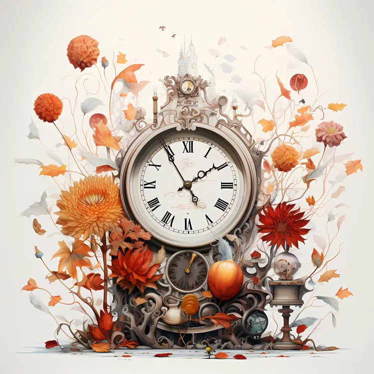 Clock with Flowers and Autumn Leaves