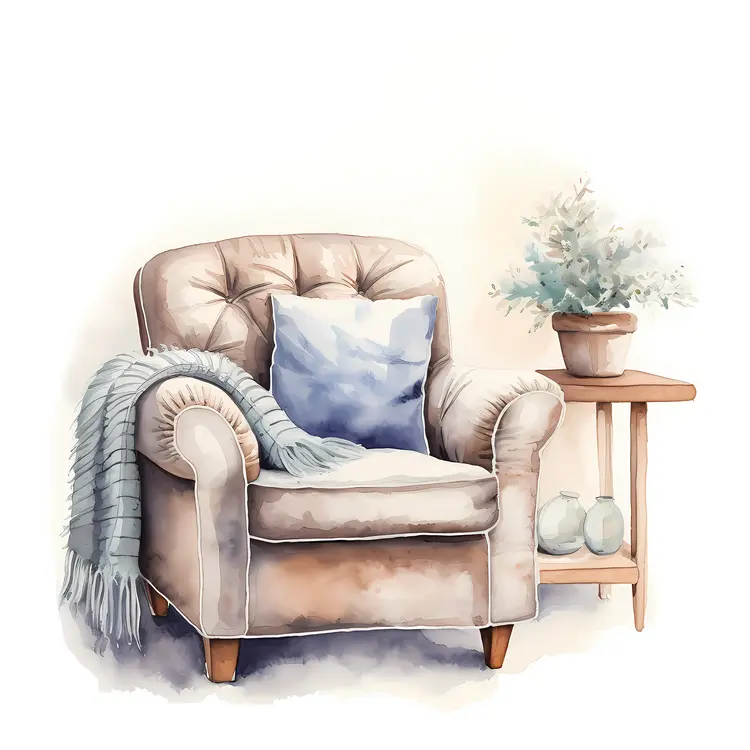 Comfortable Beige Armchair with Pillow and Plant