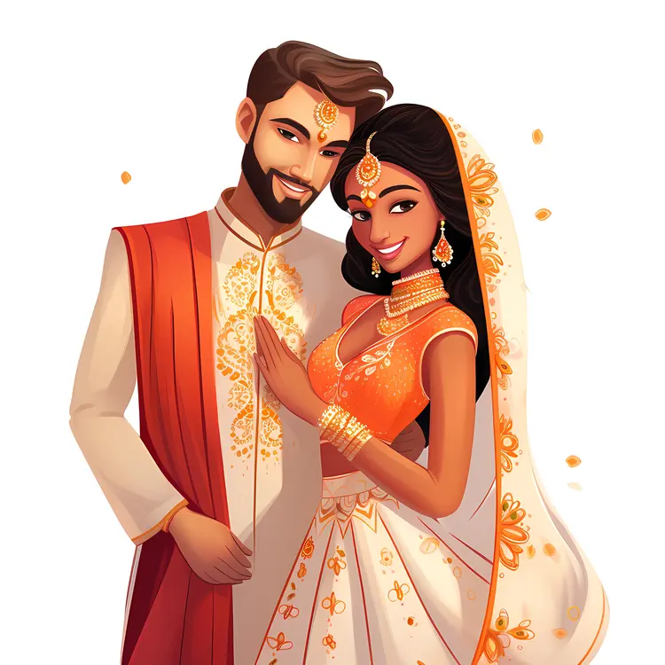 Indian Couple in Traditional Wedding Attire with White Dress