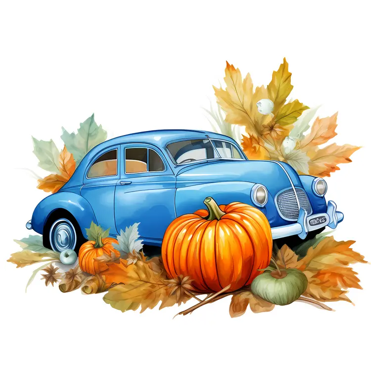 Blue Vintage Car with Pumpkins and Leaves