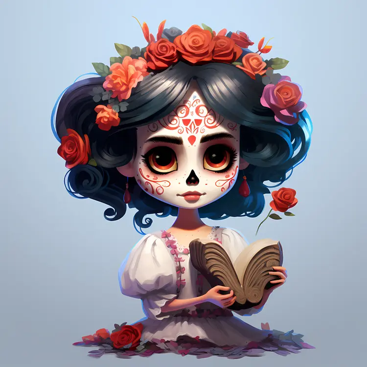 Skeleton Girl with Book and Flowers