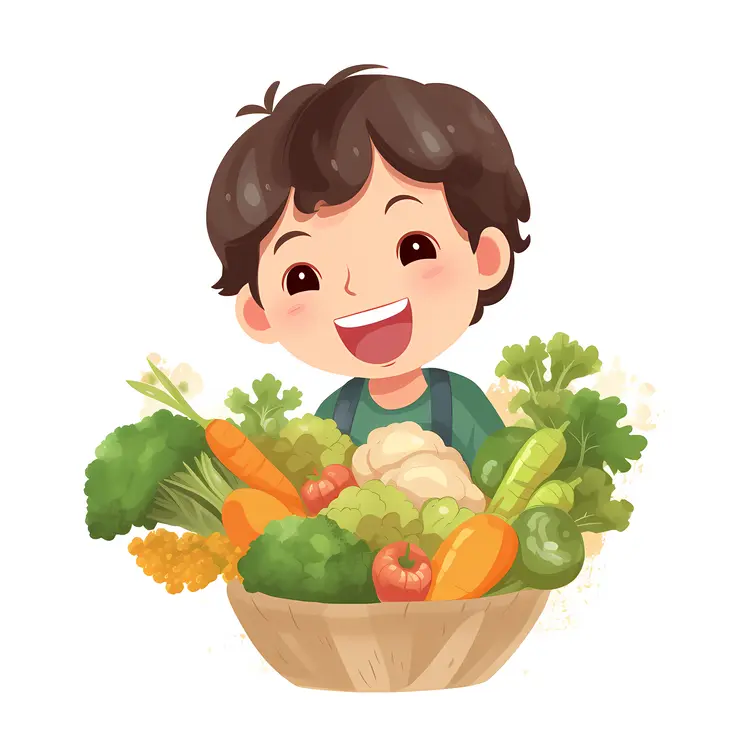 Smiling Boy Holding a Basket of Fresh Vegetables