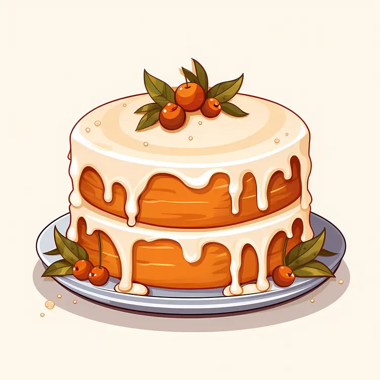 Simple Cream Cake with Berries and Autumn Leaves