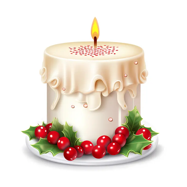 White Candle with Holly and Berries for Christmas