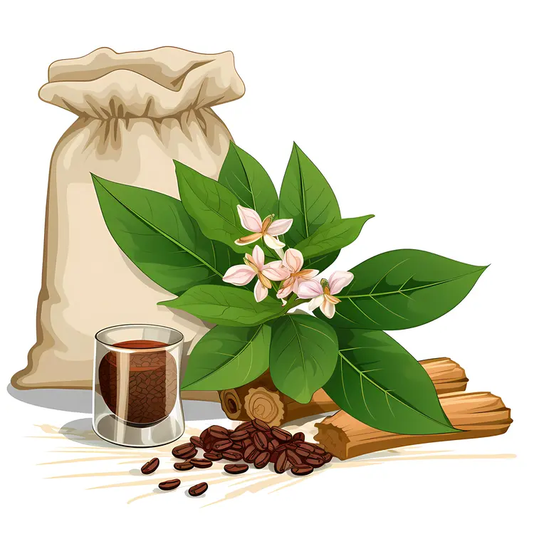 Bag of Coffee Beans with Leaves and a Glass of Coffee