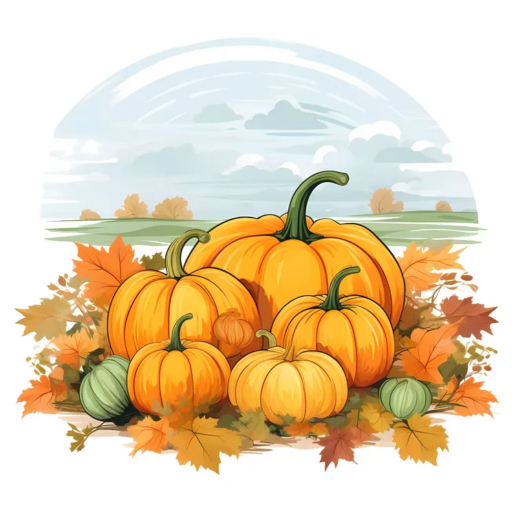 Group of Orange Pumpkins with Autumn Leaves