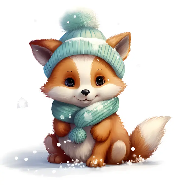 Cute Fox with Blue Hat and Scarf