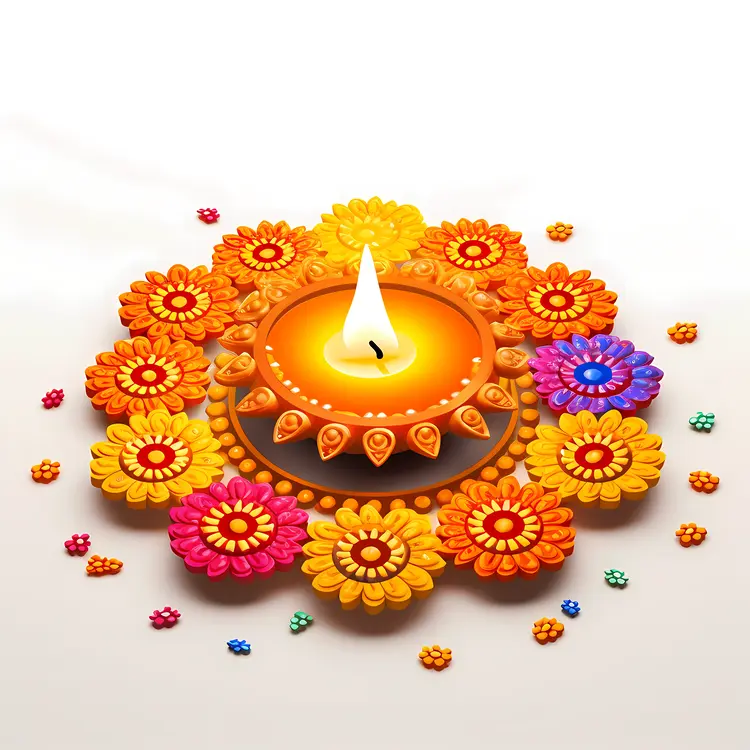Colorful Candle and Flowers for Diwali