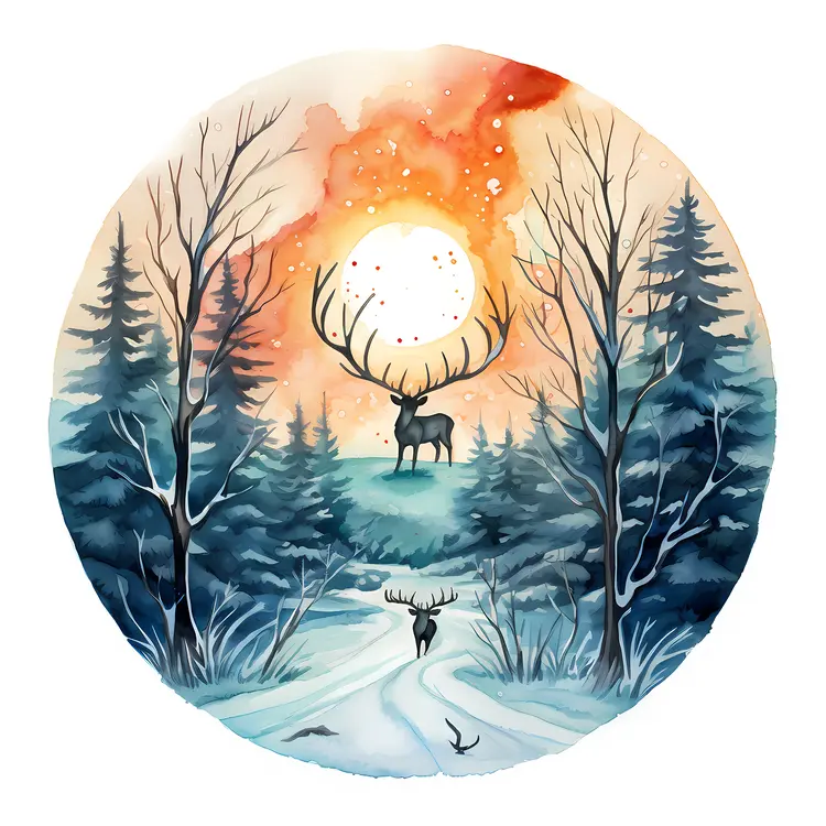 Deer in Snowy Forest with Sun