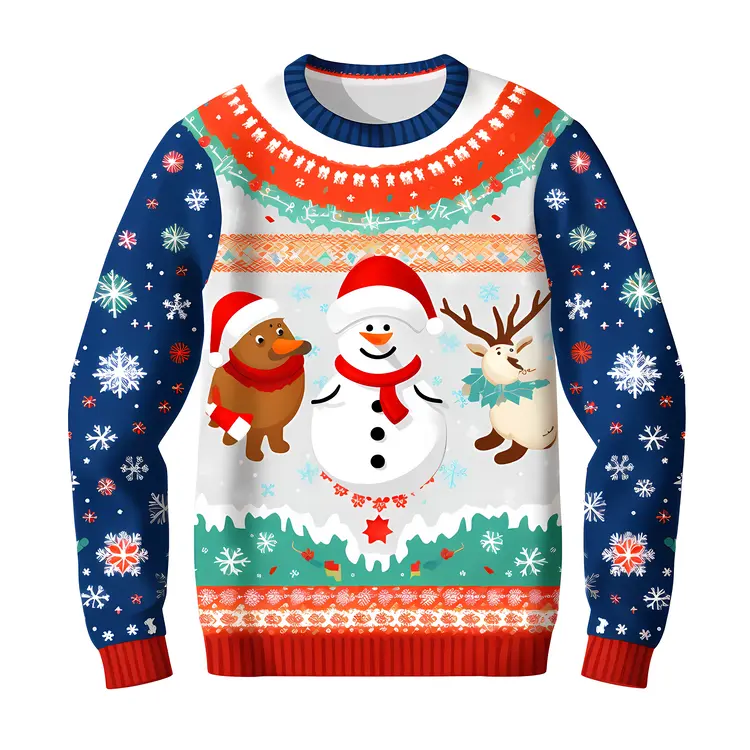 Cute Snowman Sweater with Reindeer and Bear