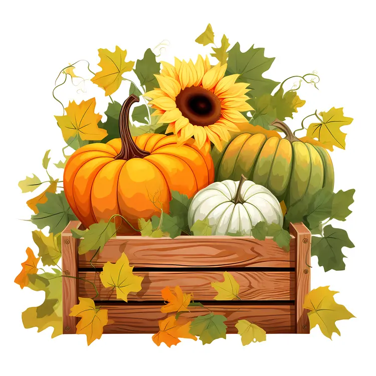 Autumn Pumpkins and Sunflowers in Wooden Crate