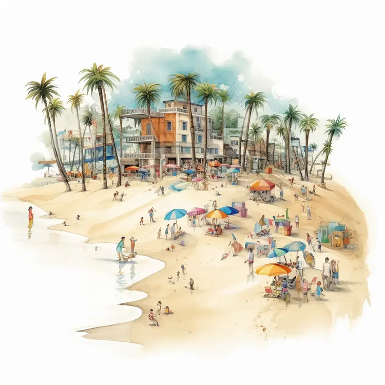 Busy Beach Scene with Palm Trees and Umbrellas