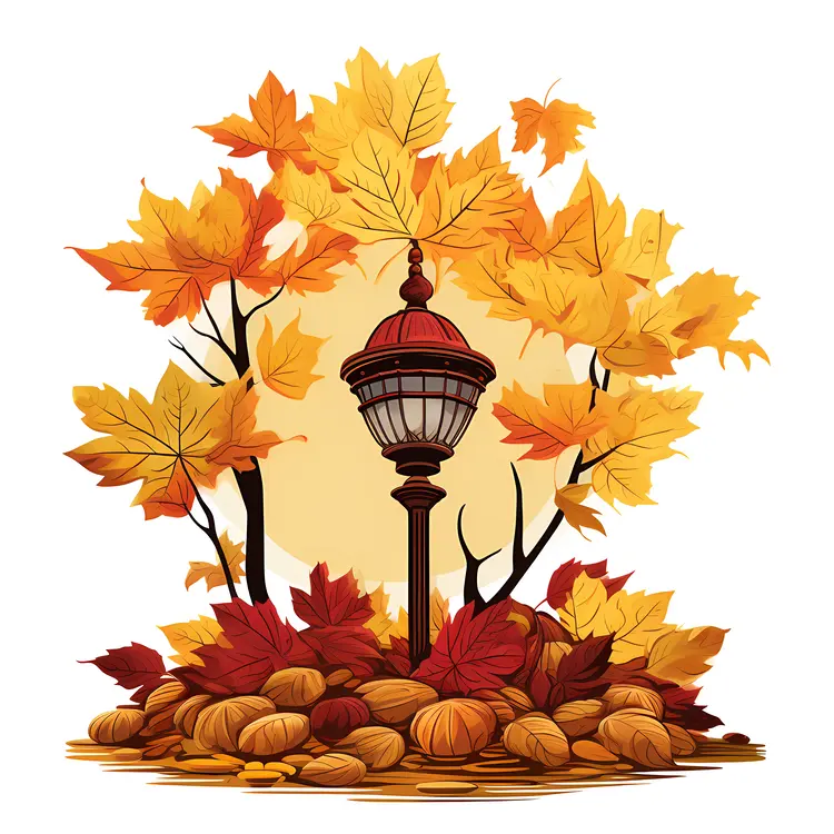 Autumn Lamp Post with Pumpkins and Leaves